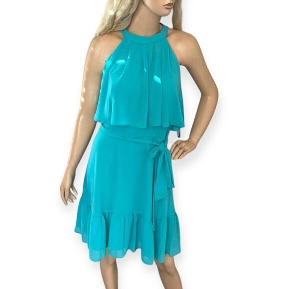 ELIZA J Halter Neck Tiered Popover Dress In Turquoise Blue Size 10 NEW - Picture 9 of 11